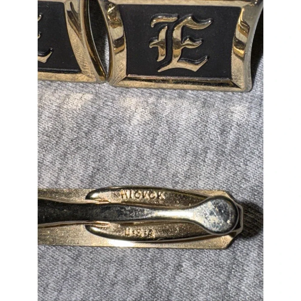 Vintage Hicock Initial Monogram “E” Tie Tack And Cuff Links Set Goldtone